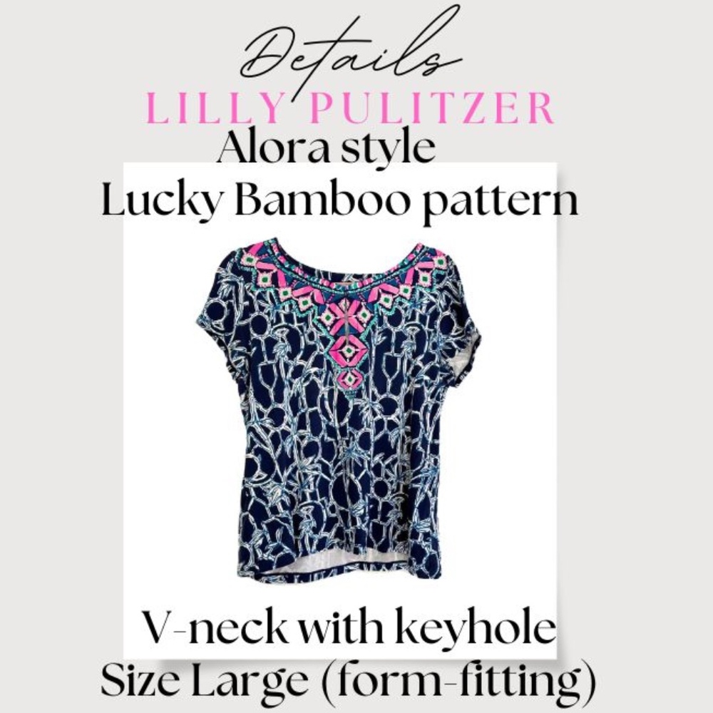 Lilly Pulitzer Alora Top Lucky Bamboo V Neck Shirt Navy Blue Pink s/s Large VGUC